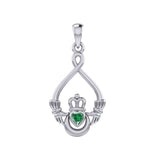 Claddagh with Heart Gemstone and Crescent Moon at the bottom Silver Pendant TPD6124