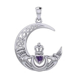 Claddagh on Celtic Moon Silver Pendant with Heart Gemstone TPD6125 - Jewelry