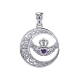 Celtic Crescent Moon and Claddagh with Heart Gemstone Silver Pendant TPD6127 - Jewelry