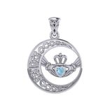 Celtic Crescent Moon and Claddagh with Heart Gemstone Silver Pendant TPD6127 - Jewelry