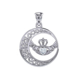 Celtic Crescent Moon and Claddagh with Heart Gemstone Silver Pendant TPD6127 - Jewelry