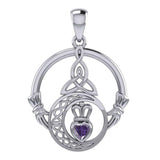 Claddagh and Celtic Crescent Moon with Heart Gemstone Silver Pendant TPD6130 - Jewelry