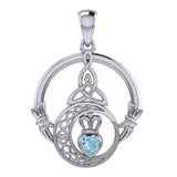 Claddagh and Celtic Crescent Moon with Heart Gemstone Silver Pendant TPD6130 - Jewelry