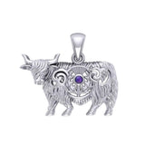 Highland Cow with Thistle and Gemstone Silver Pendant TPD6141