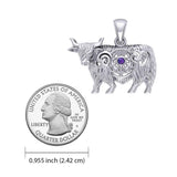 Highland Cow with Thistle and Gemstone Silver Pendant TPD6141