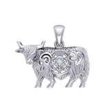 Highland Cow with Thistle and Gemstone Silver Pendant TPD6141