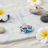 Sea Turtle And Wave Sterling Silver Pendant with Synthetic Paua Shell