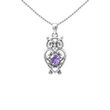 Filigree Owl  Sterling Silver Pendant with Gemstone TPD6620