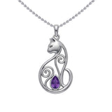 Celtic Cat Sterling Silver Pendant With Gemstone TPD6677
