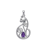 Celtic Cat Sterling Silver Pendant With Gemstone TPD6677
