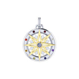 Compass Gemstone Pendant In Sterling Silver With 18K Gold Accent Ocean Nautical Design MPD683