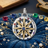 Compass Gemstone Pendant In Sterling Silver With 18K Gold Accent Ocean Nautical Design MPD683 by MPD683