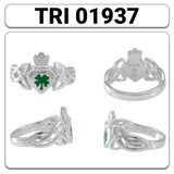 Celtic Claddagh with Lucky Four Leaf Clover Sterling Silver Ring with Enamel TRI1937
