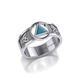 Silver Celtic Trinity Knot Men Ring with Inlaid Recovery Symbol TRI2434