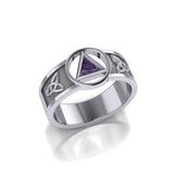 Sterling Silver Celtic Trinity Knot Mens Ring With Inlaid Recovery Symbol From AA Recovery Collection Sterling Silver