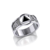 Sterling Silver Celtic Trinity Knot Mens Ring With Inlaid Recovery Symbol From AA Recovery Collection Sterling Silver