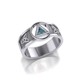Sterling Silver Celtic Trinity Knot Mens Ring With Inlaid Recovery Symbol From AA Recovery Collection Sterling Silver