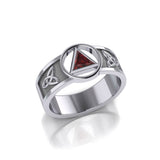 Sterling Silver Celtic Trinity Knot Mens Ring With Inlaid Recovery Symbol From AA Recovery Collection Sterling Silver