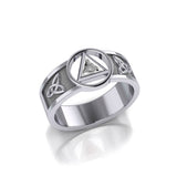 Sterling Silver Celtic Trinity Knot Mens Ring With Inlaid Recovery Symbol From AA Recovery Collection Sterling Silver