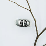 Spiritual Elegance Sterling Silver Faith Cross Men Band Ring with Black Accent by Peter Stone Jewelry TRI2475