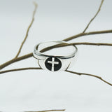 Spiritual Elegance Sterling Silver Faith Cross Men Band Ring with Black Accent by Peter Stone Jewelry TRI2475