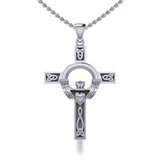 Claddagh on Celtic Knotwork Cross Silver Pendant  with Chain Set TSE725