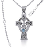 Celtic Cross and Irish Claddagh Silver Pendant with Heart Gemstone TPD5340