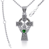 Celtic Cross and Irish Claddagh Silver Pendant with Heart Gemstone TPD5340