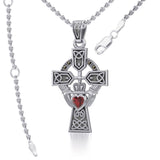 Celtic Cross and Irish Claddagh Silver Pendant with Heart Gemstone TPD5340