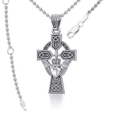 Celtic Cross and Irish Claddagh Silver Pendant with Heart Gemstone TPD5340 - Jewelry