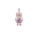 Filigree Owl Solid Gold Pendant with Gemstone