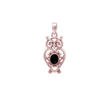 Filigree Owl Solid Gold Pendant with Gemstone