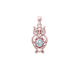 Filigree Owl Solid Gold Pendant with Gemstone