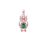 Filigree Owl Solid Gold Pendant with Gemstone