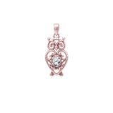 Filigree Owl Solid Gold Pendant with Gemstone