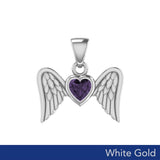 Gemstone Heart and Flying Angel Wings White Gold Pendant WPD5228 - Jewelry