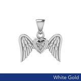 Gemstone Heart and Flying Angel Wings White Gold Pendant WPD5228 - Jewelry