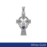 Celtic Cross and Irish Claddagh White Gold Pendant with Heart Gemstone WPD5340