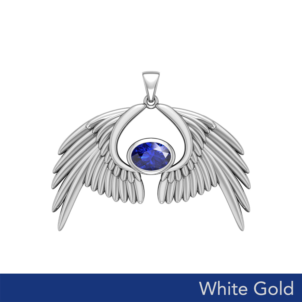 Guardian Angel Wings Solid White Gold Pendant with Birthstone WPD5870