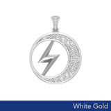 Zeus God Lightning Bolt with Celtic Crescent Moon Solid White Gold Pendant WPD5900