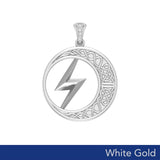 Zeus God Lightning Bolt with Celtic Crescent Moon Solid White Gold Pendant WPD5900