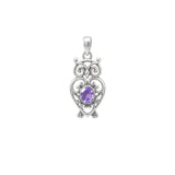 Filigree Owl Solid Gold Pendant with Gemstone