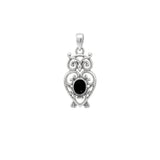 Filigree Owl Solid Gold Pendant with Gemstone