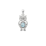 Filigree Owl Solid Gold Pendant with Gemstone