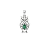 Filigree Owl Solid Gold Pendant with Gemstone