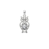 Filigree Owl Solid Gold Pendant with Gemstone