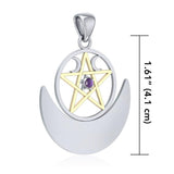 Wiccan Moon with Five-Pointed Star Sterling Silver with 14K Gold Accent Pendant