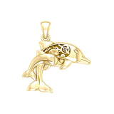 Gentle dolphins in steampunk ~  Solid Gold Jewelry Pendant with 14k Gold Accent GPD3929
