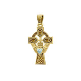 Celtic Cross and Irish Claddagh 14K Yellow Gold Pendant with Heart Gemstone GPD5340