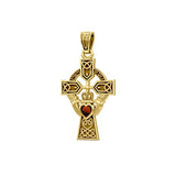 Celtic Cross and Irish Claddagh 14K Yellow Gold Pendant with Heart Gemstone GPD5340